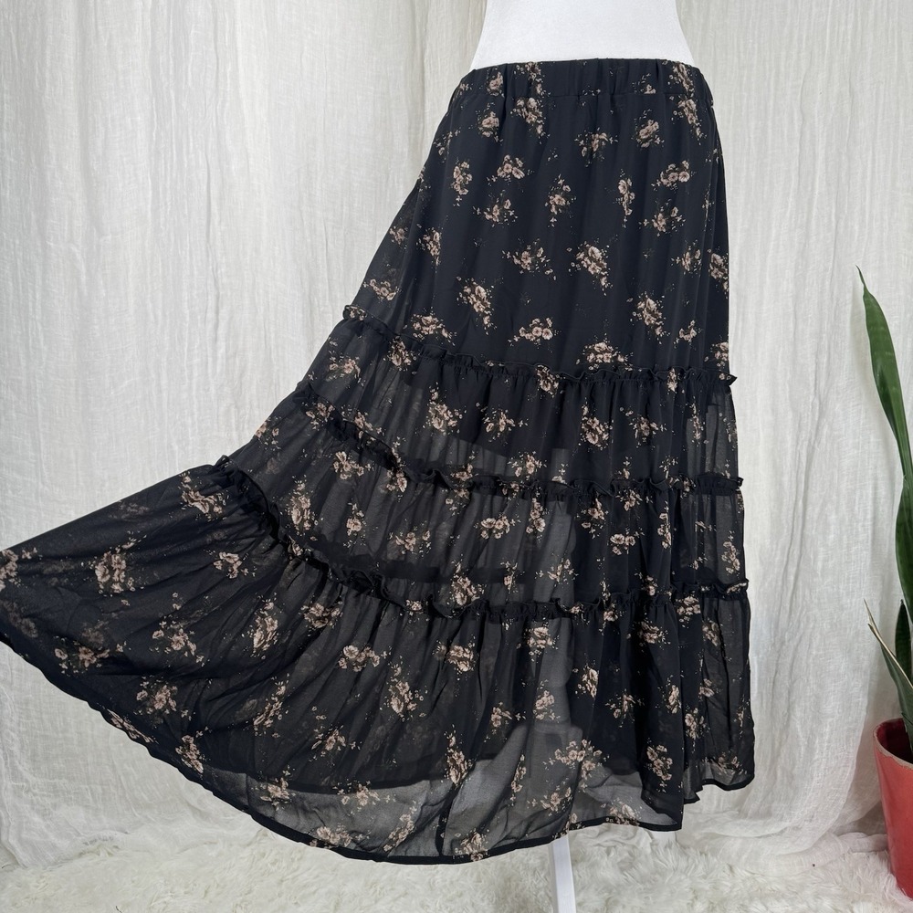 Dark Floral Tiered Whimsigoth Skirt XXL Boho Cottage Fairy Grunge Sheer Overlay